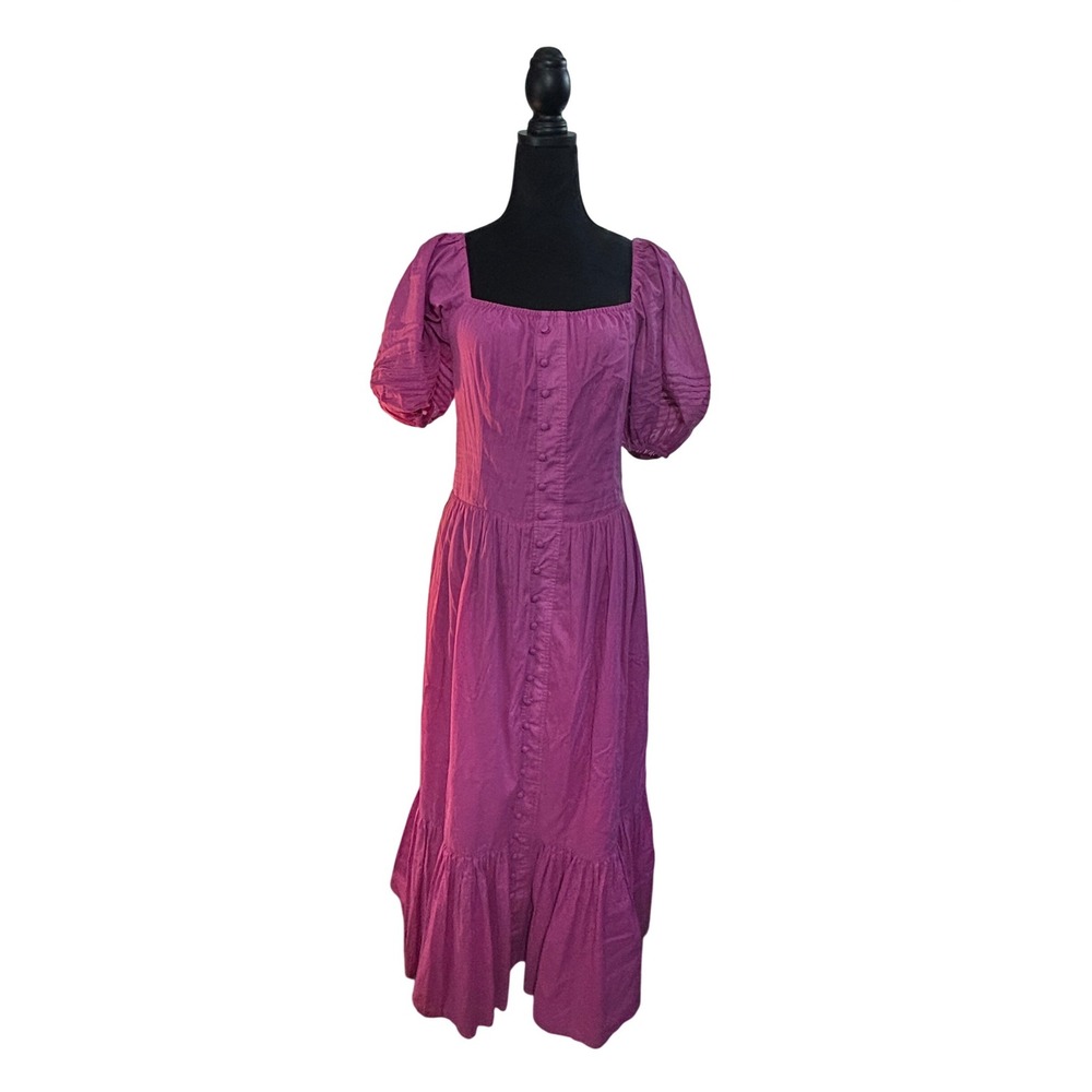 Skunk Brazil Magenta Cotton Puff Sleeve Button Front Tiered Maxi Dress Size 38